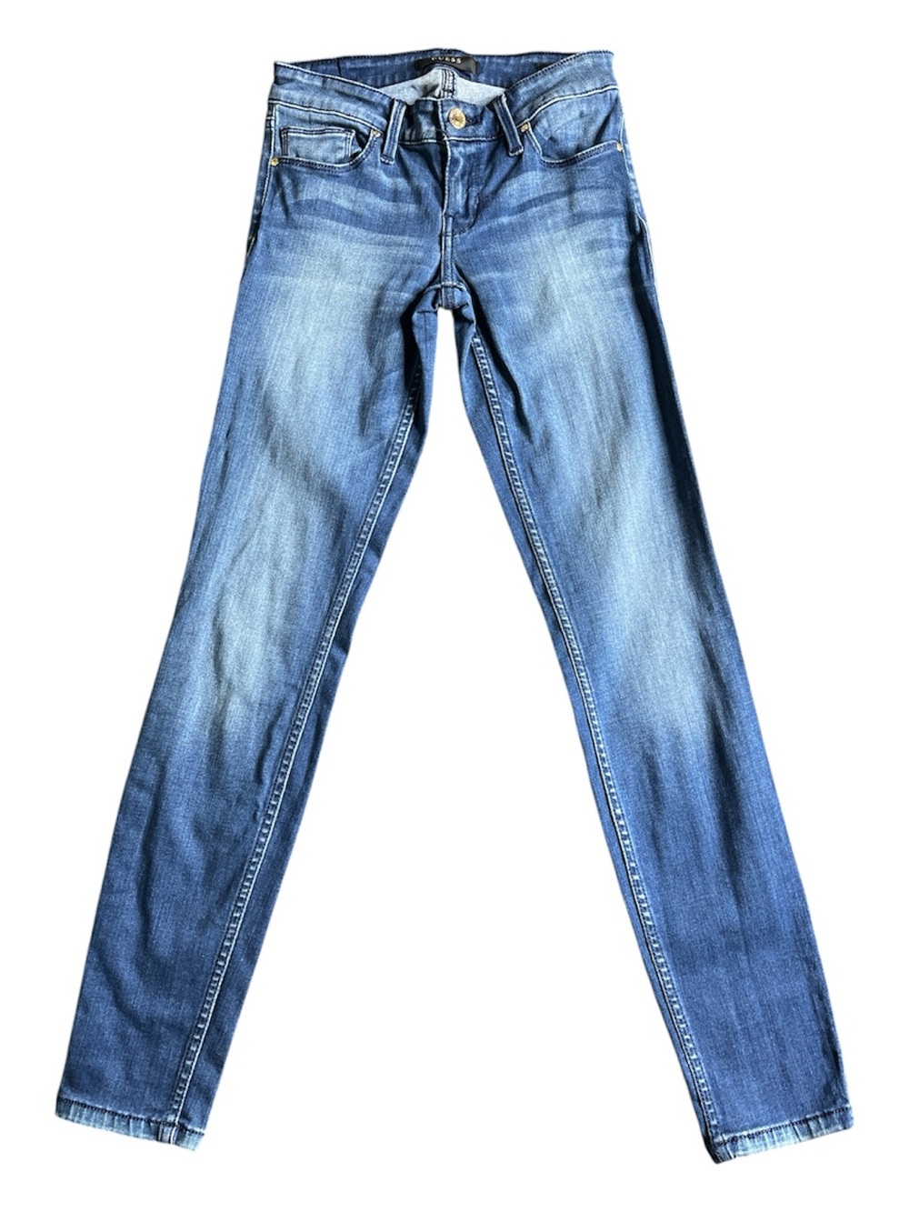GUESS Power Skinny Low Rise Jeans Size 24 Indigo Blue Whiskered Stretch